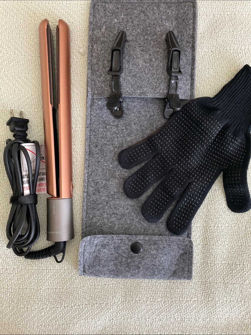 Copper Ceramic Hair Straightener with Black Heat-Resistant Glove and Felt Sleeve